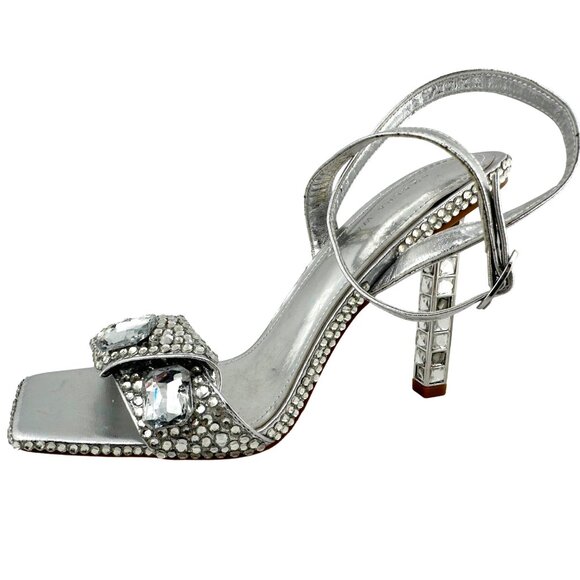 Azalea Wang Flat Toe Stiletto Sandal Diamond Metal Rhinestone Decal Adjustable - Picture 1 of 10